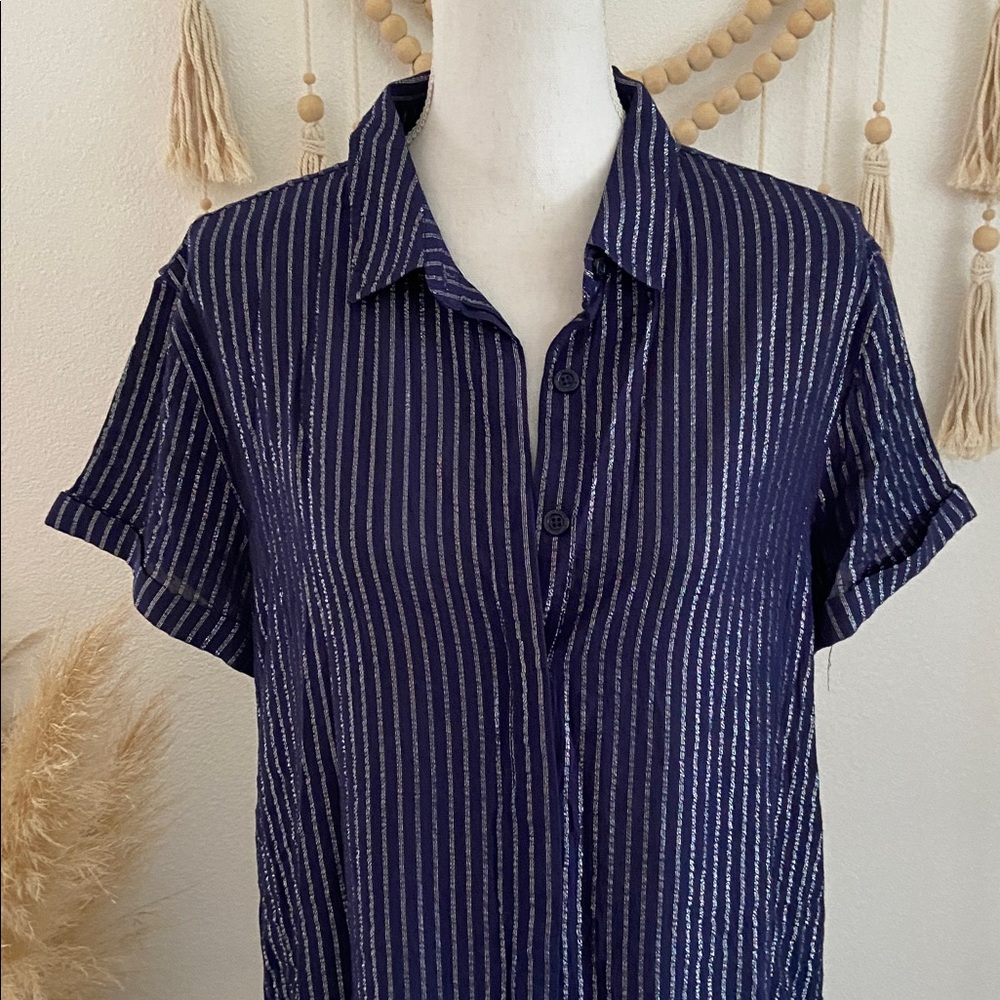 Wildfang Empower Pinstripe midi shirt dress blue silver stripe short sleeve M - Picture 9 of 16
